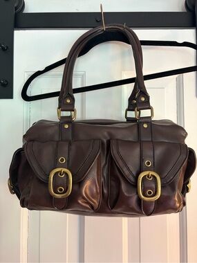Nine West Brown Leather Dual-Pocket Shoulder Bag with Brass Buckles